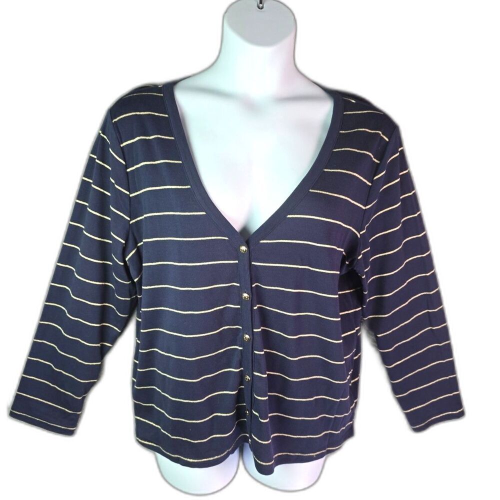 Liz Claiborne Cardigan Navy Gold Metallic Stripe 1X Preppy Button Front